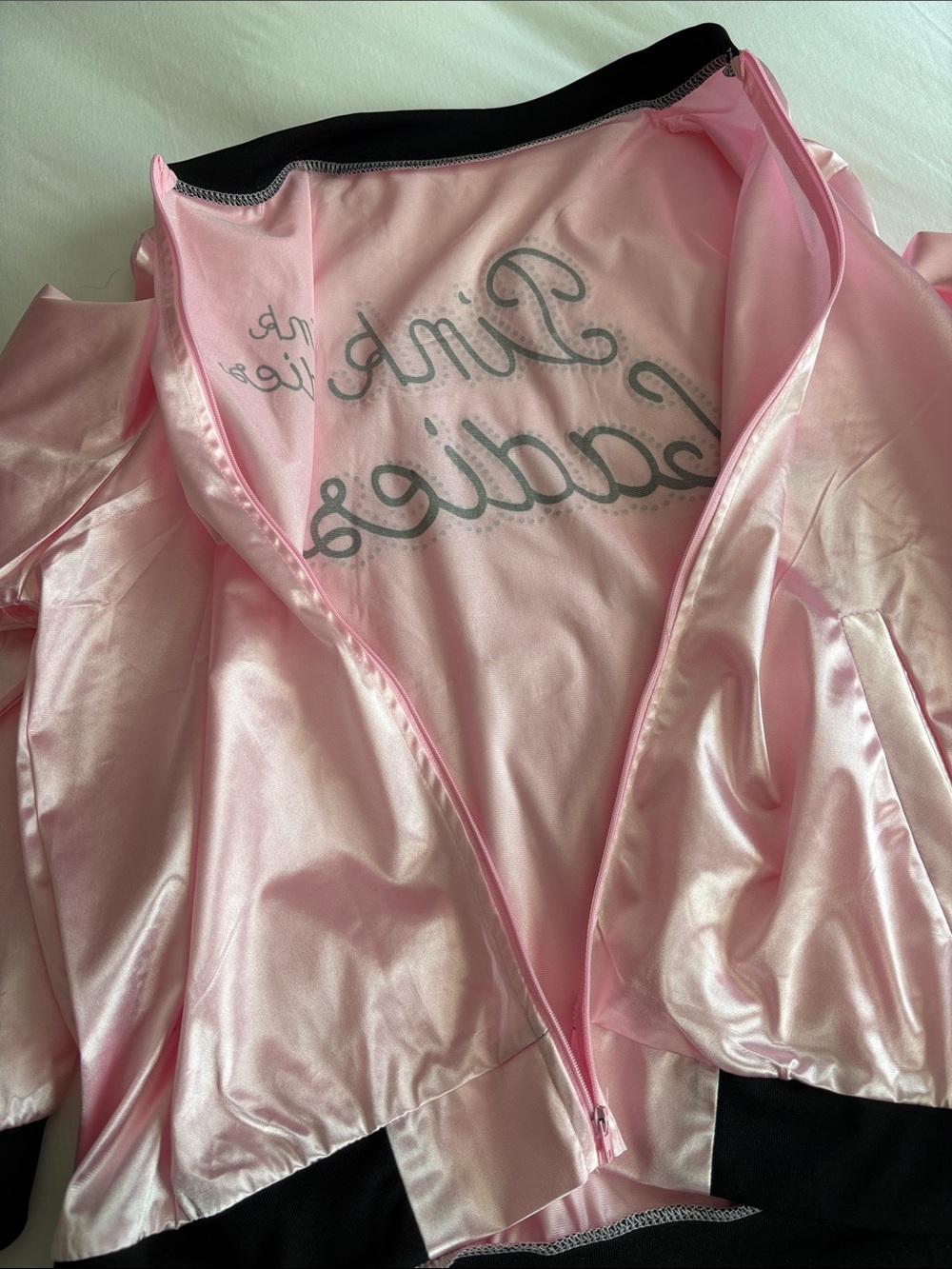 Ladies Pink Ladies Costume Bomber Jacket with Black Trim & Accessories - Picture 5 of 9